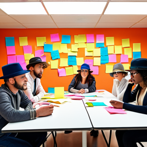 Home 11 **
A diverse group brainstorming around a table, colorful sticky notes and mind maps covering the walls. Focus on expressions of creativity, collaboration, and "thinking outside the box." Emphasize a positive and energetic atmosphere. Perhaps include visual cues representing different "thinking hats" (colors).
**