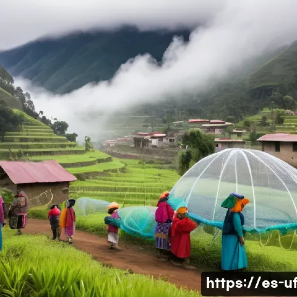제약 기반 창의성을 통한 사회 문제 해결하기 - **Andean Community Harnessing Fog for Water** A vibrant, sun-drenched scene depicting an Andean ...