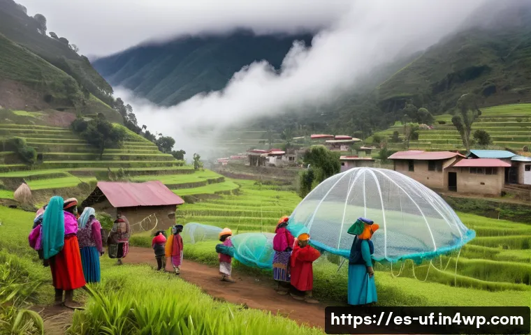 제약 기반 창의성을 통한 사회 문제 해결하기 - **Andean Community Harnessing Fog for Water** A vibrant, sun-drenched scene depicting an Andean ...