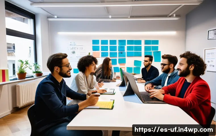 제약 기반 창의성을 통한 경쟁 우위 확보 전략 - A diverse, multidisciplinary startup team brainstorming in a modern coworking space in Madrid, Spain...