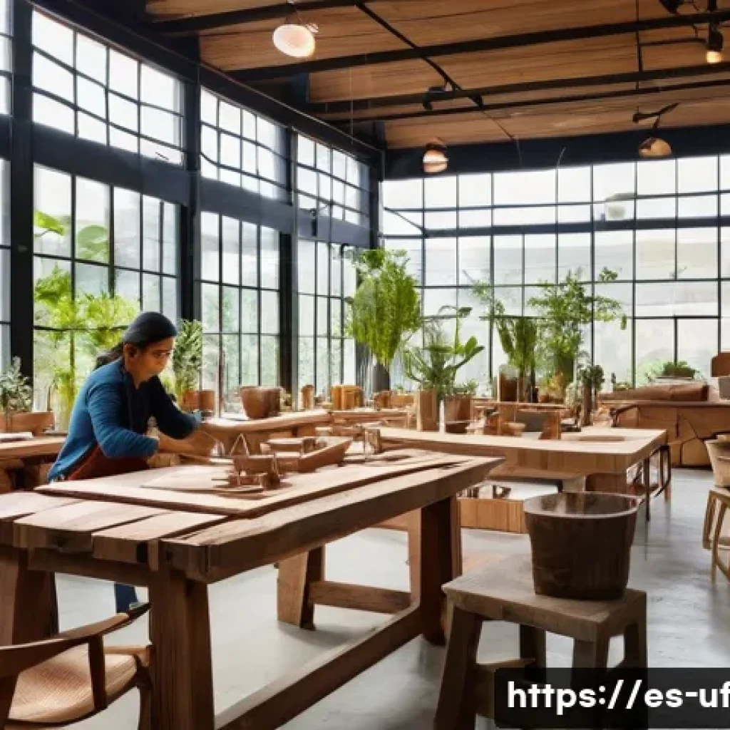 제약 기반 창의성을 통한 지속 가능성 발전 - A high-end furniture workshop in a Latin American setting, showcasing skilled artisans repurposing r...