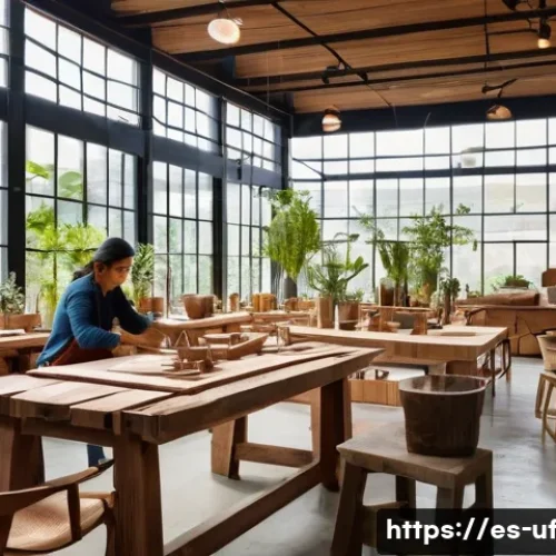 제약 기반 창의성을 통한 지속 가능성 발전 - A high-end furniture workshop in a Latin American setting, showcasing skilled artisans repurposing r...
