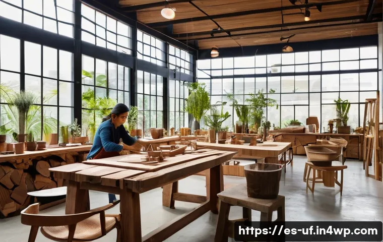 제약 기반 창의성을 통한 지속 가능성 발전 - A high-end furniture workshop in a Latin American setting, showcasing skilled artisans repurposing r...