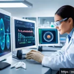 제약 기반 창의성의 디지털 전환 - A high-tech pharmaceutical laboratory scene featuring diverse scientists using artificial intelligen...
