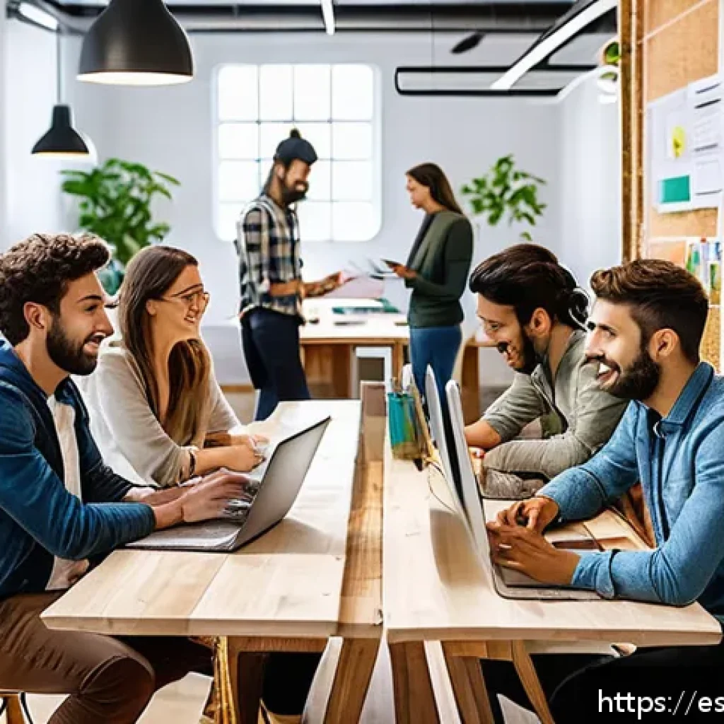 제약 기반 창의성의 활용 방안 정리 - A diverse team of young Spanish entrepreneurs collaborating energetically in a bright, modern cowork...