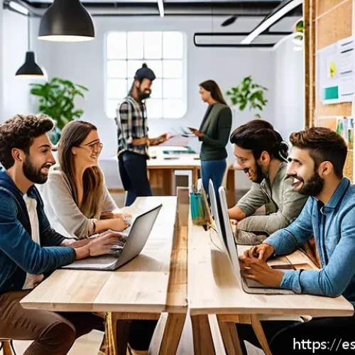 제약 기반 창의성의 활용 방안 정리 - A diverse team of young Spanish entrepreneurs collaborating energetically in a bright, modern cowork...