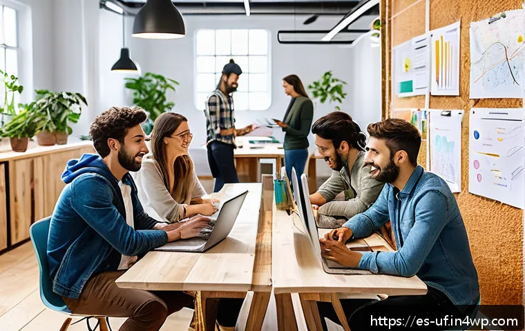 제약 기반 창의성의 활용 방안 정리 - A diverse team of young Spanish entrepreneurs collaborating energetically in a bright, modern cowork...