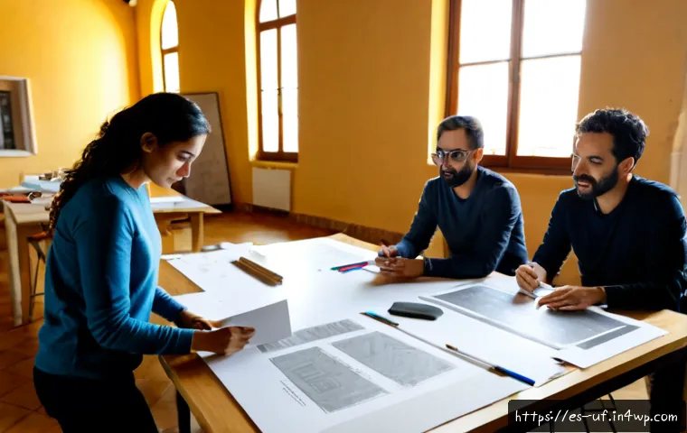 Home 17 제약 기반 창의성의 미래 도전 과제 - Photorealistic creative studio in Madrid, diverse Spanish-speaking design team working around a larg...